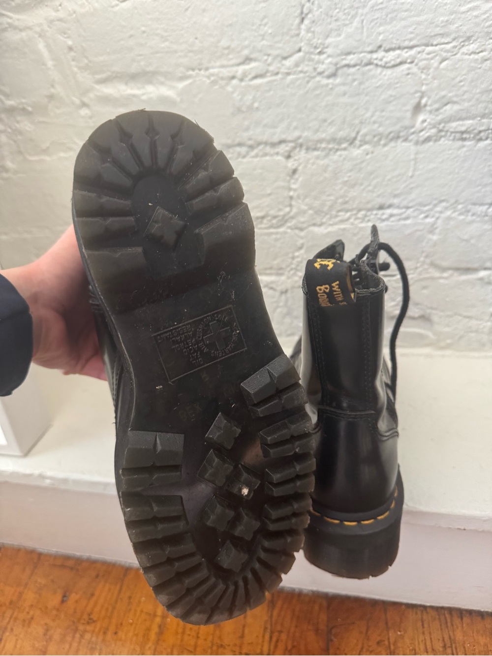 Dr. Martens Black Leather Platform Combat Boots with Yellow Stitching - Picture 7 of 8